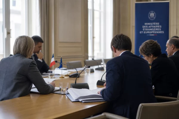Réunion européenne sobre avec dossiers et micros, silhouettes anonymes de dos autour d’une table