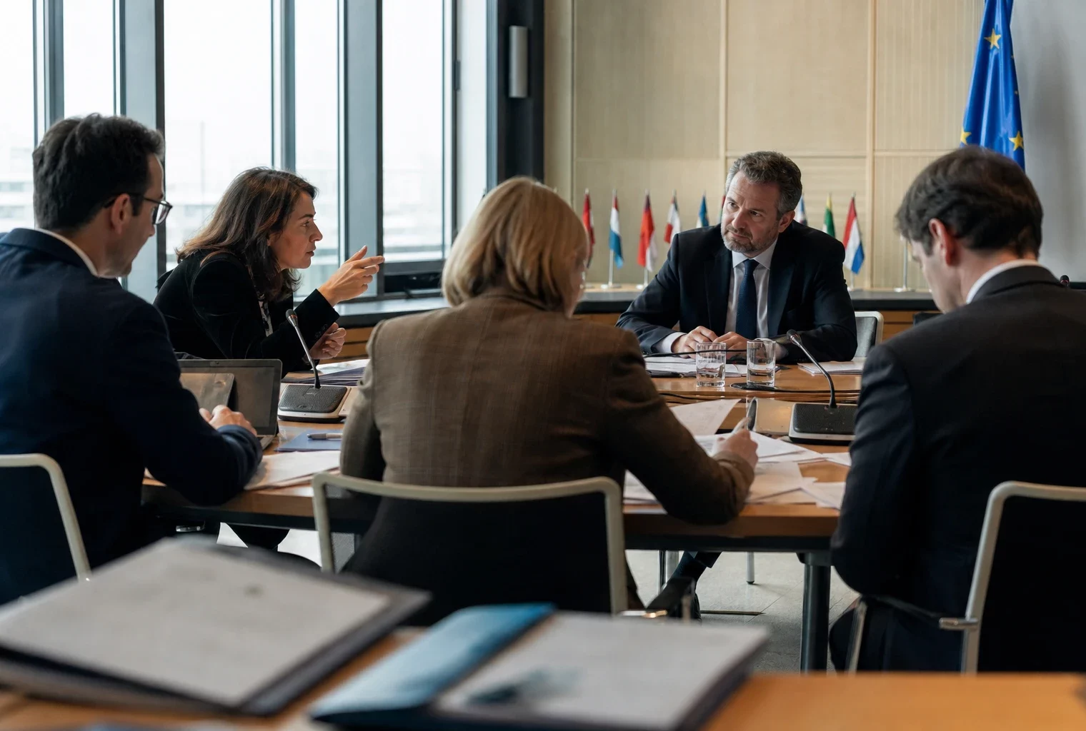 Réunion européenne sobre avec dossiers, micros et silhouettes de dos autour d’une table institutionnelle lumineuse.