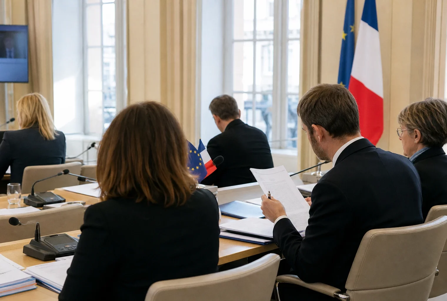 Réunion européenne sobre avec silhouettes de dos, dossiers et drapeaux de table dans une salle lumineuse.
