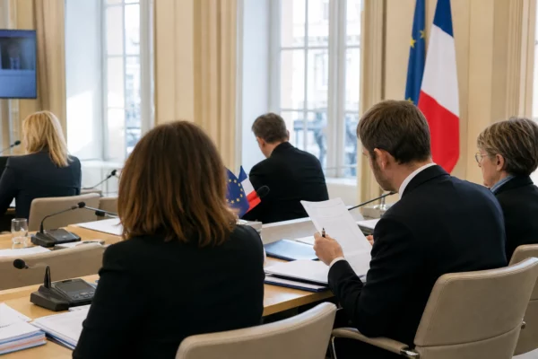 Réunion européenne sobre avec silhouettes de dos, dossiers et drapeaux de table dans une salle lumineuse.