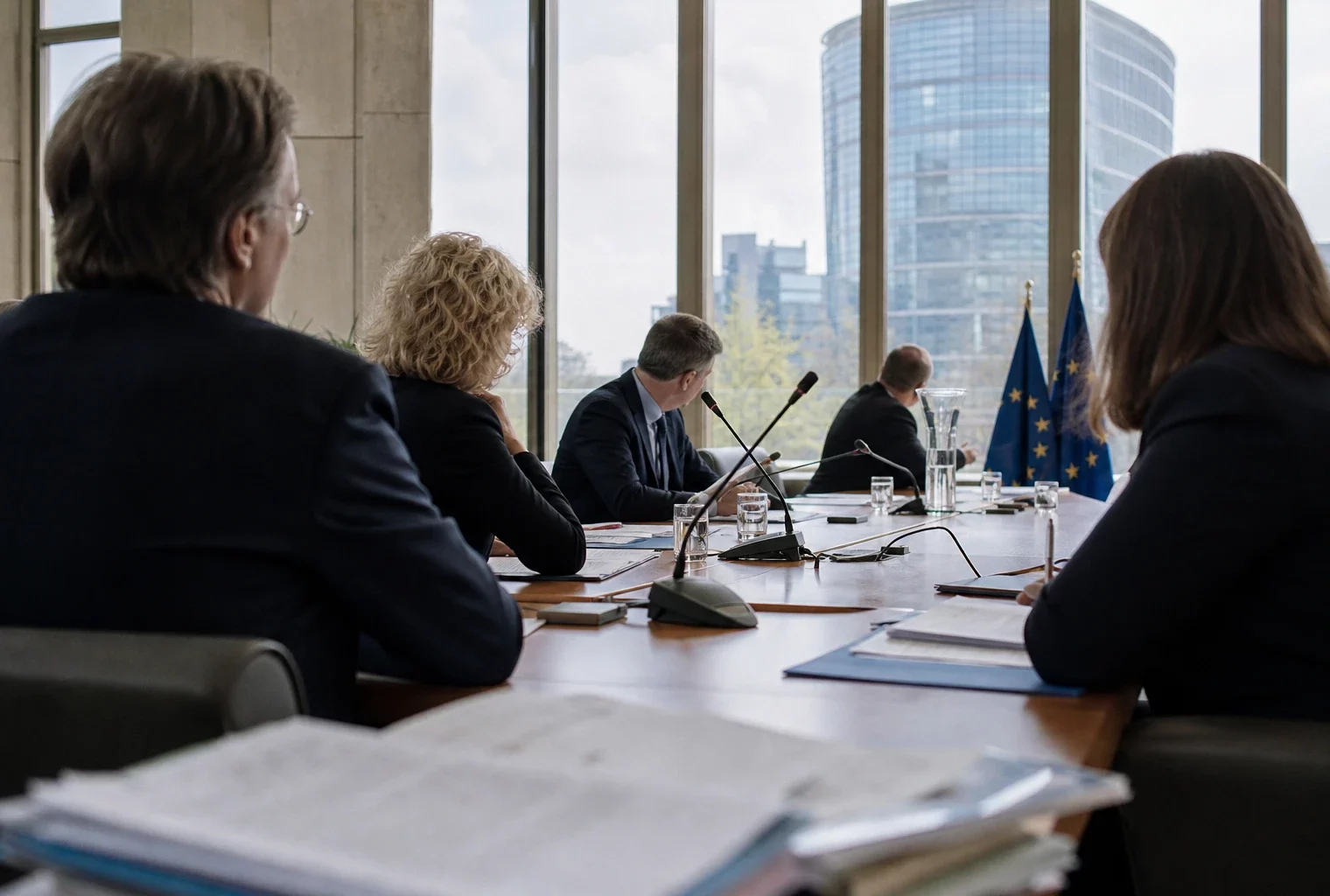 Réunion européenne sobre à Strasbourg avec cinq silhouettes anonymes, dossiers ouverts et micros de table.