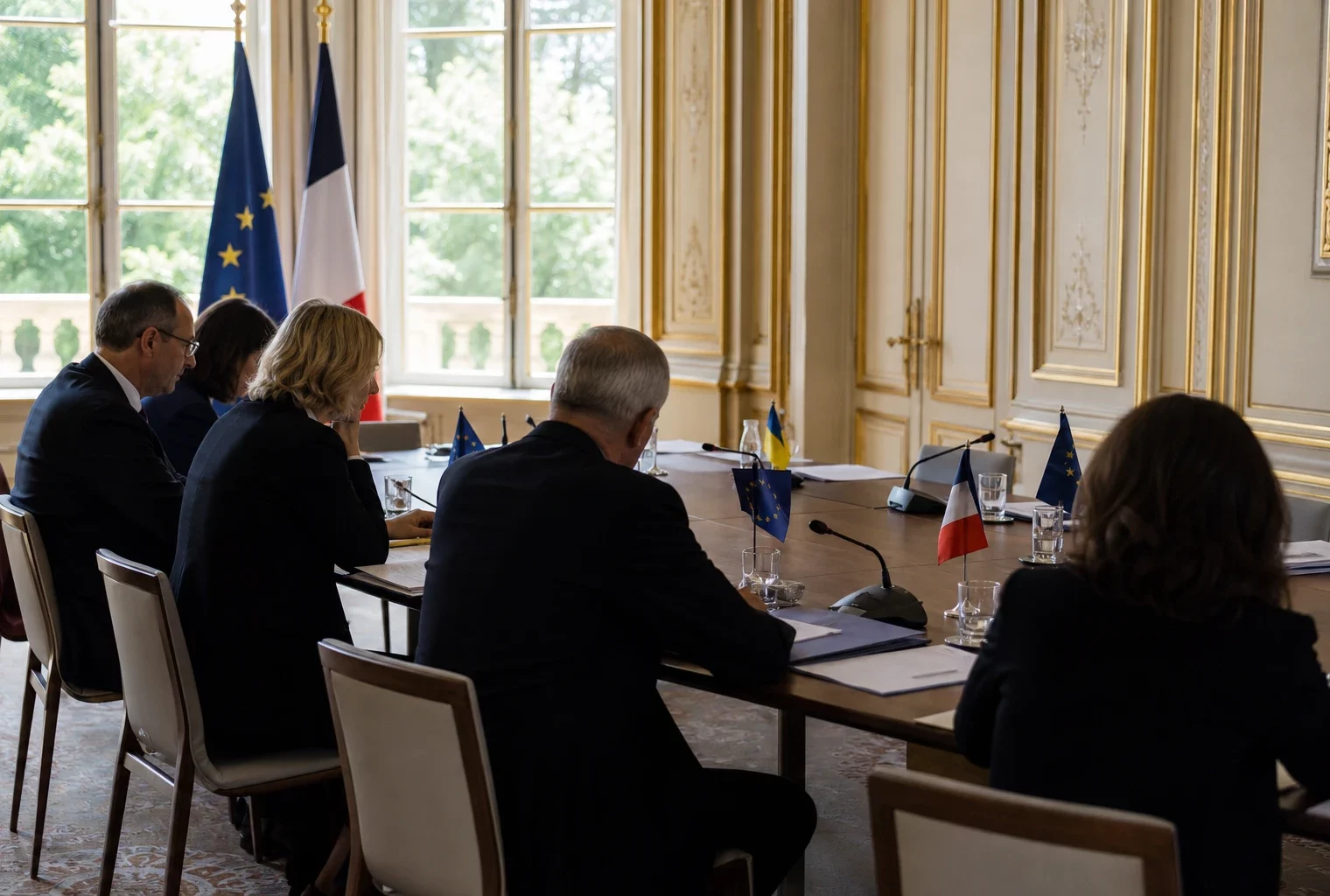 Réunion européenne sobre avec silhouettes de dos, dossiers ouverts et petits drapeaux de table dans une lumière claire.