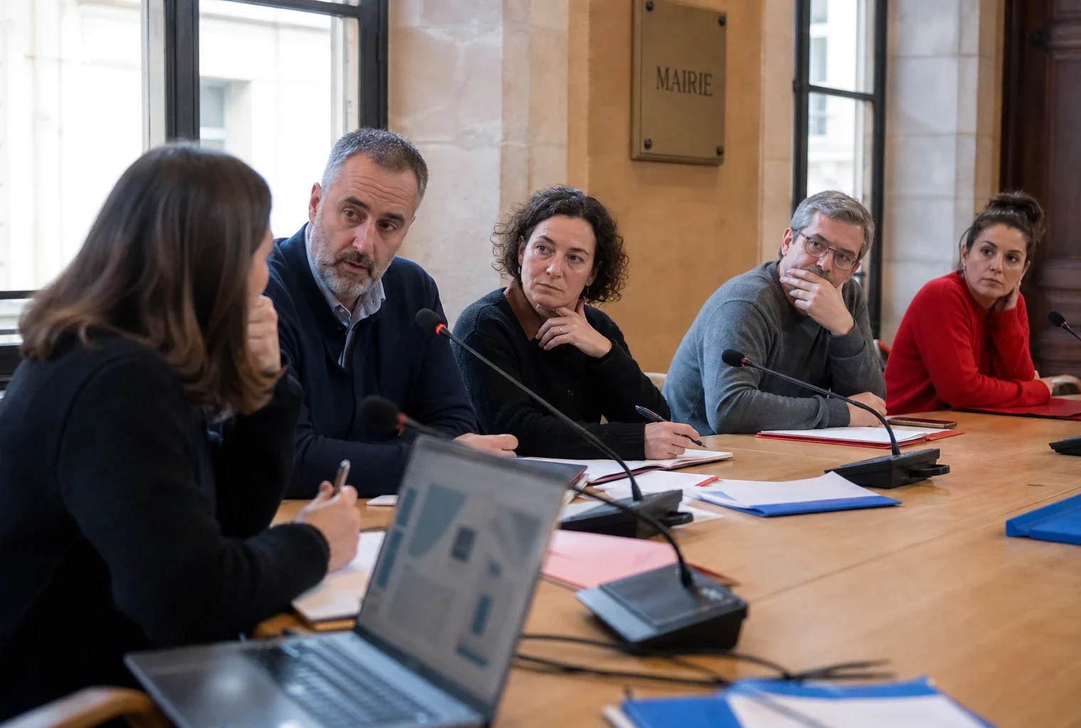 Réunion municipale à Grenoble autour de l’interruption d’un concert, avec cinq personnes autour d’une table et des dossiers flous.