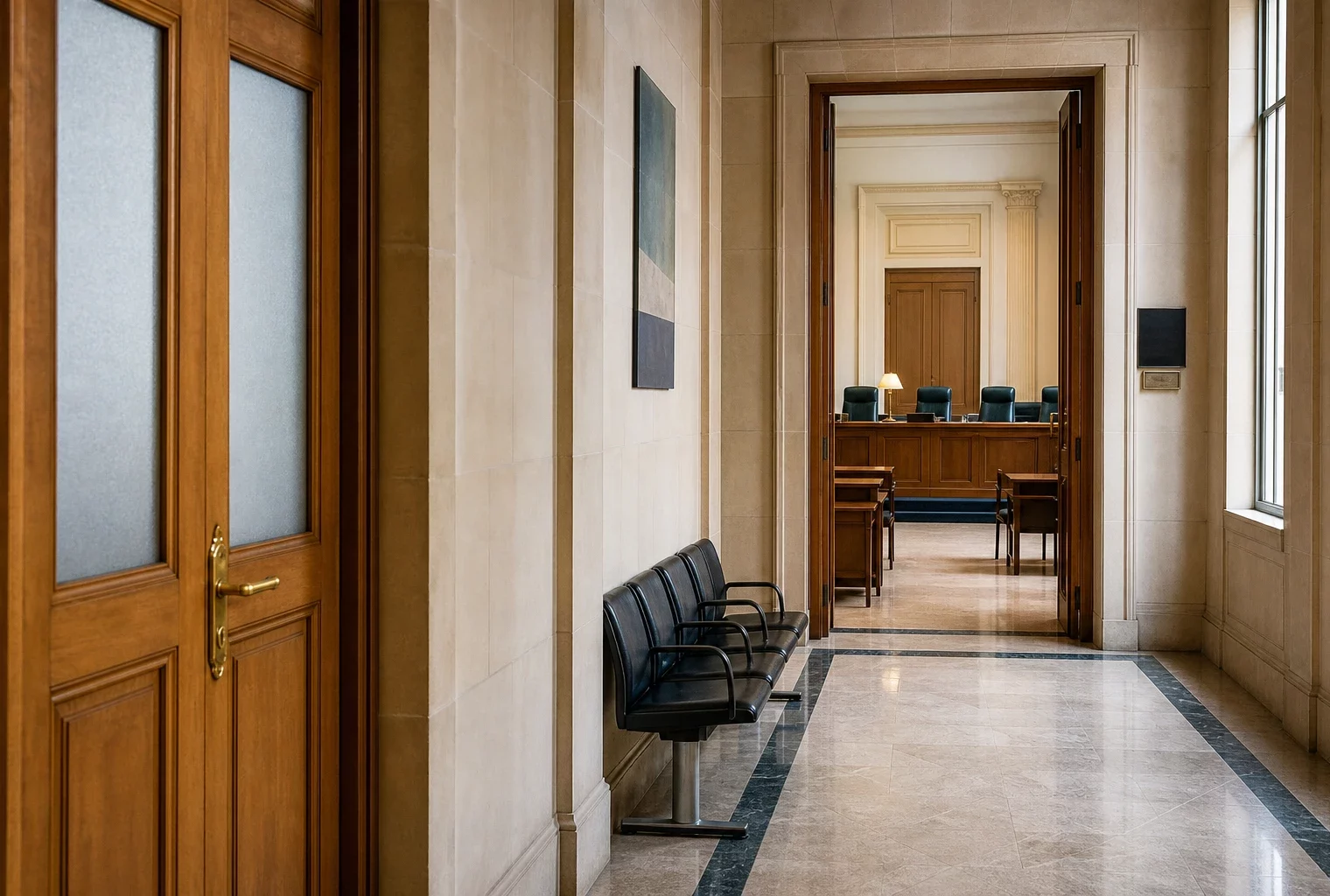 Couloir clair d’une institution française avec salle d’audition ouverte au fond, ambiance officielle et lumineuse.