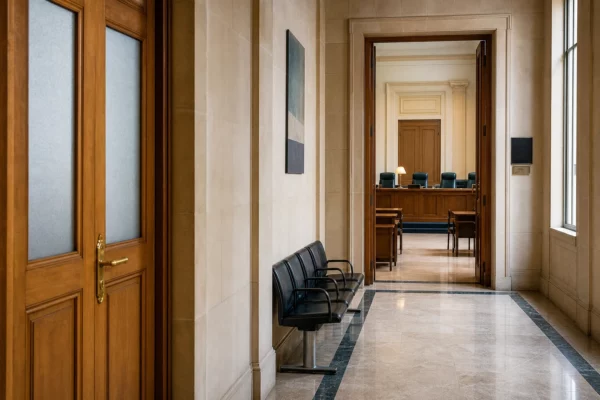 Couloir clair d’une institution française avec salle d’audition ouverte au fond, ambiance officielle et lumineuse.