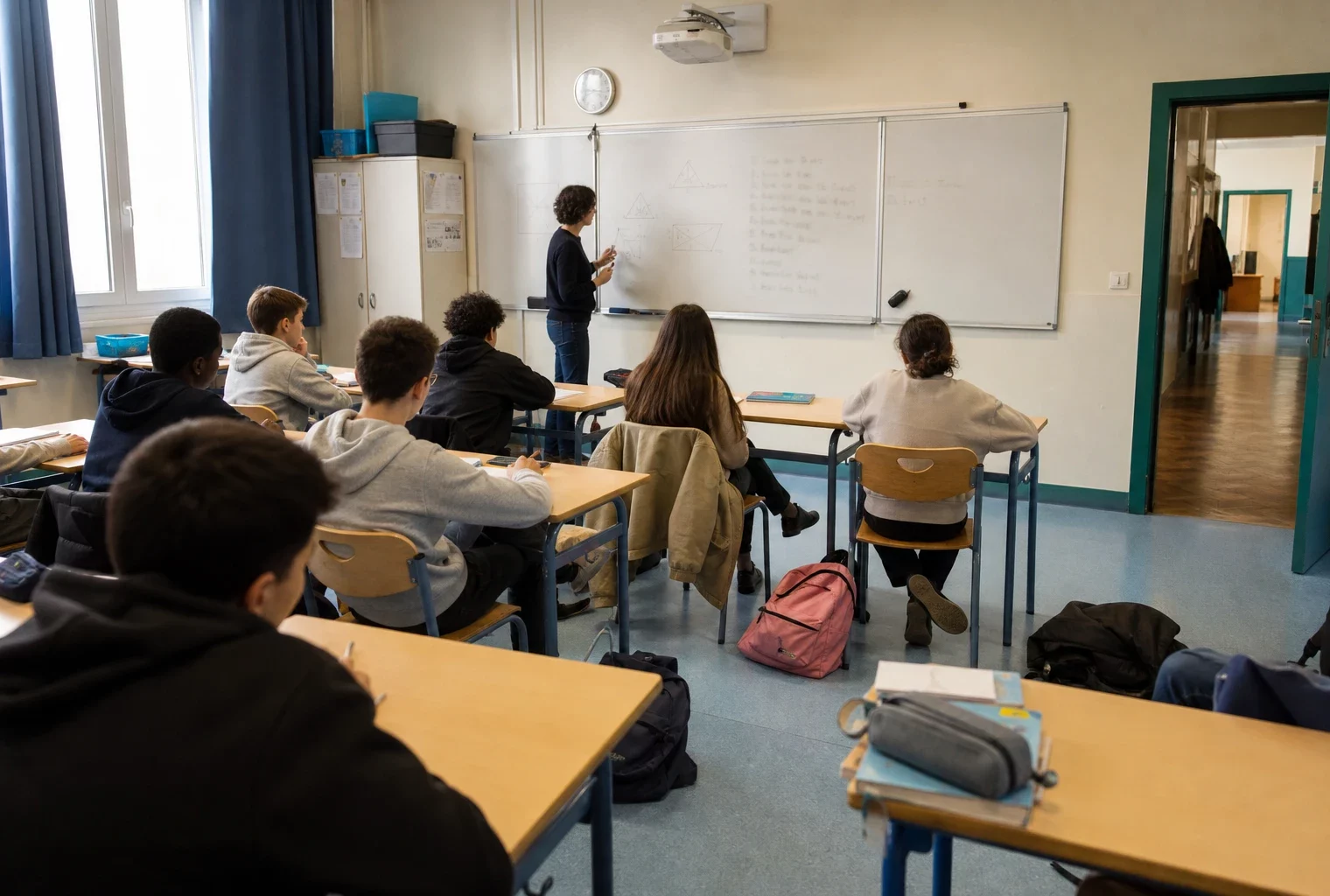 Salle de classe française lumineuse avec élèves anonymes, tableau flou et cartables colorés, ambiance scolaire calme.