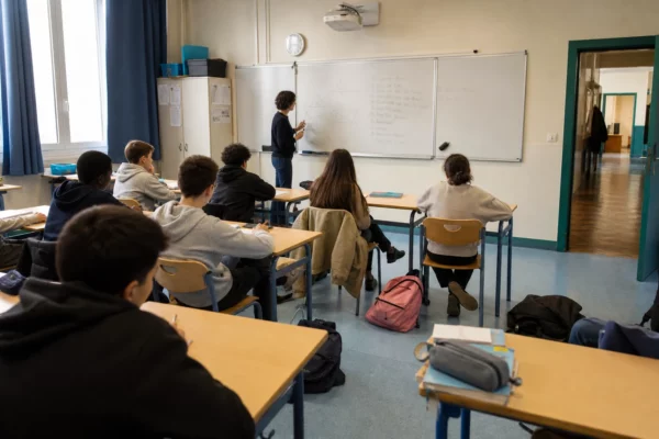 Salle de classe française lumineuse avec élèves anonymes, tableau flou et cartables colorés, ambiance scolaire calme.