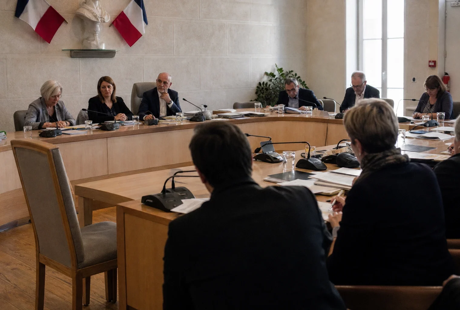 Salle de conseil municipal vide avec micros et dossiers flous, dans une lumière naturelle claire.