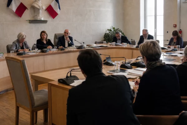 Salle de conseil municipal vide avec micros et dossiers flous, dans une lumière naturelle claire.