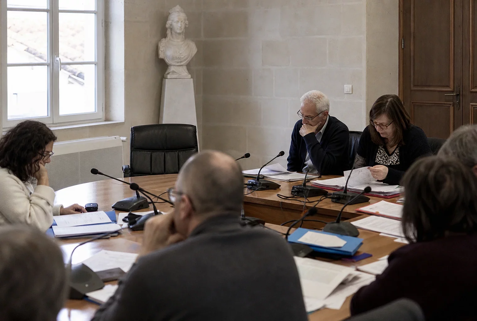Salle de conseil municipal française avec une chaise vide, des micros et des dossiers flous sur une table.
