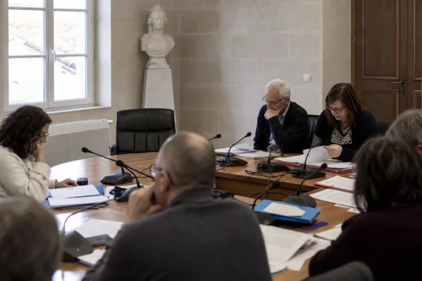 Salle de conseil municipal française avec une chaise vide, des micros et des dossiers flous sur une table.