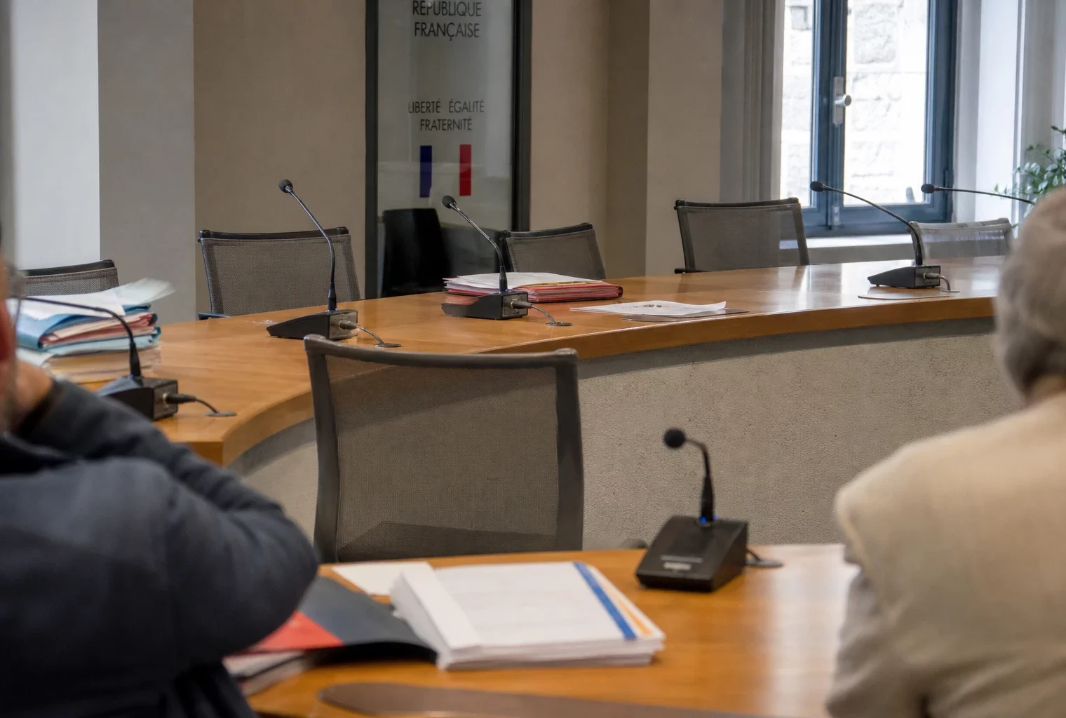 Salle municipale avec chaise vide, micros et dossiers flous, évoquant les enjeux politiques autour de la Coupe du monde 2026.