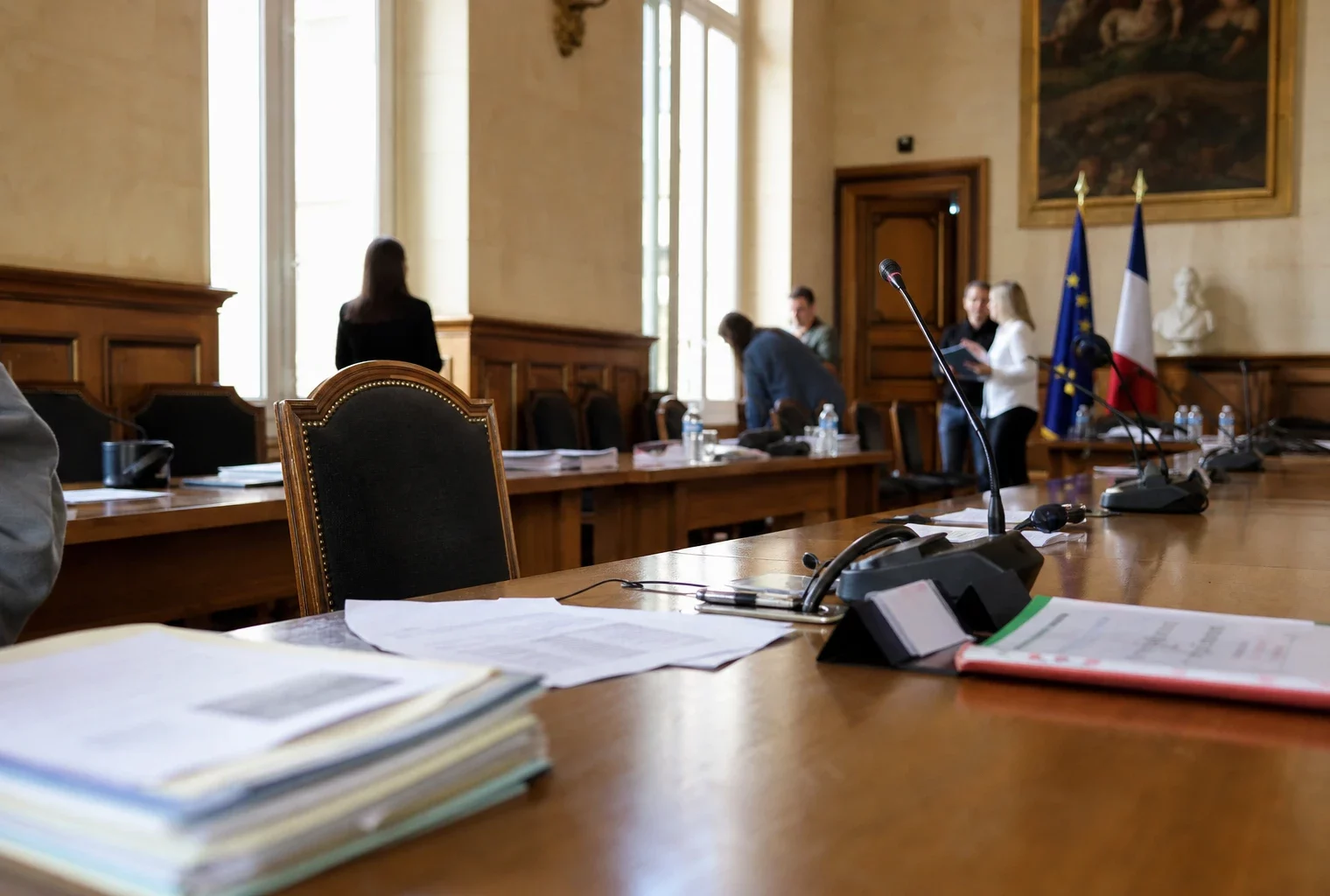 Salle municipale lumineuse avec chaise vide, micros et dossiers flous avant une réunion locale.