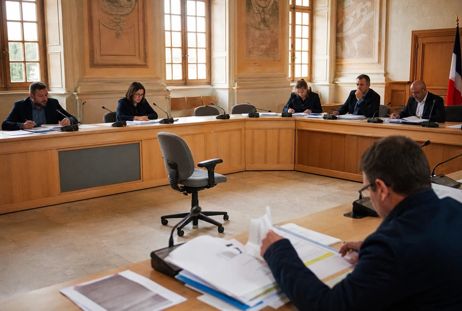 Salle municipale lumineuse avec chaise vide, micros et dossiers lors d’un conseil local sur les familles
