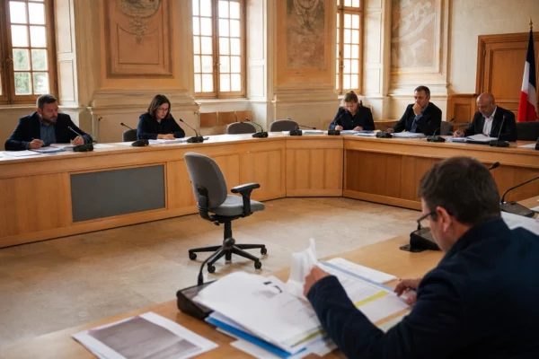Salle municipale lumineuse avec chaise vide, micros et dossiers lors d’un conseil local sur les familles