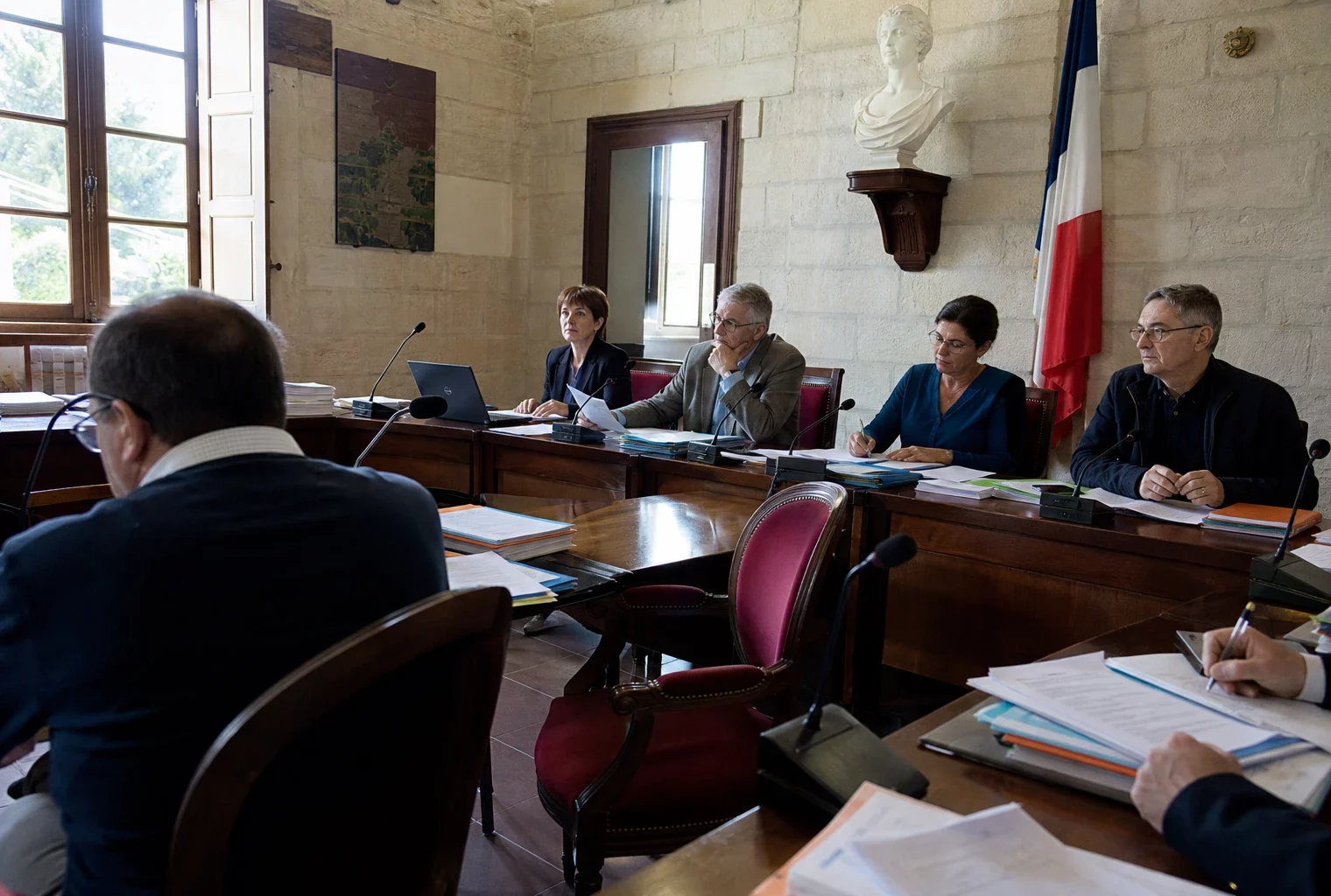 Salle municipale de conseil local avec chaise vide, micros et dossiers flous dans une lumière naturelle claire.