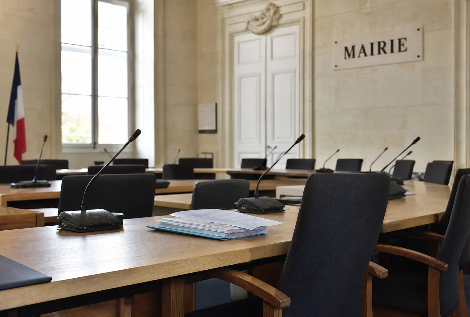 Salle municipale lumineuse avec chaise vide, micros et dossiers flous lors d’un conseil local