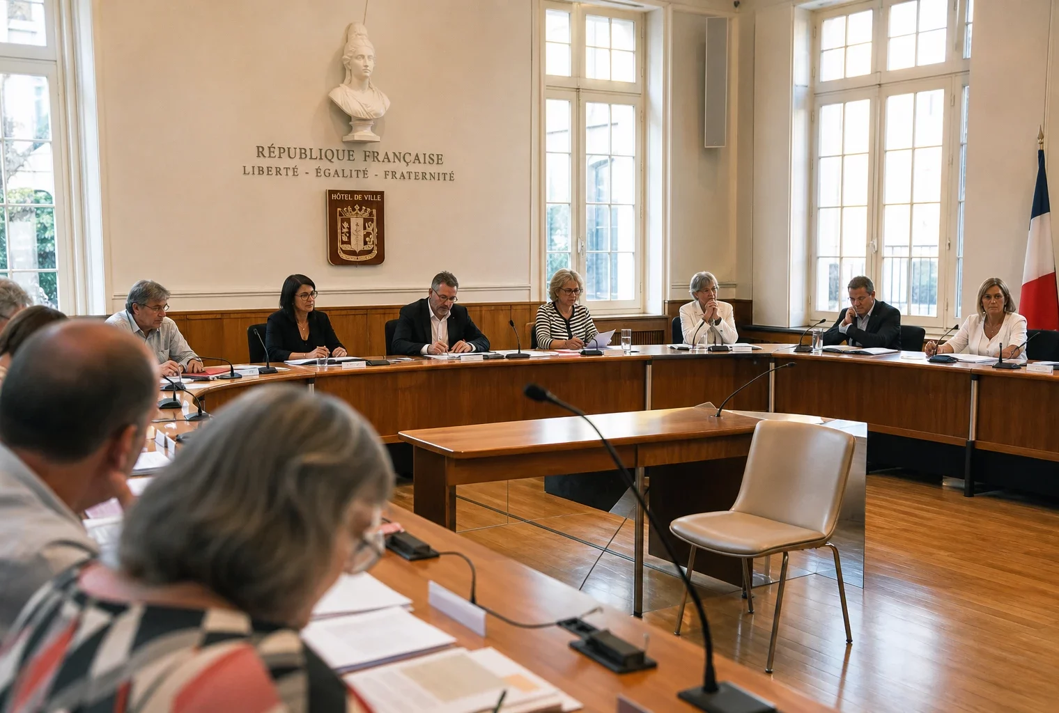 Salle municipale française lumineuse avec micros, dossiers flous et chaise vide lors d’un conseil local.