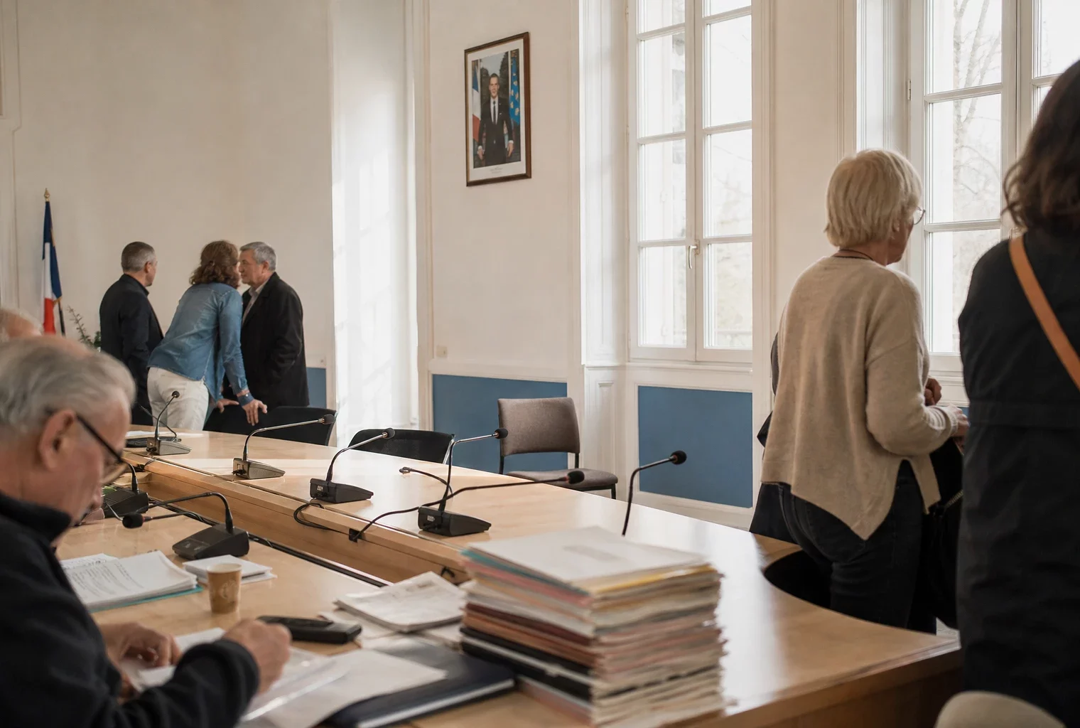 Salle municipale lumineuse en Gironde avec micros, dossiers flous et chaise vide avant un rendez-vous politique.