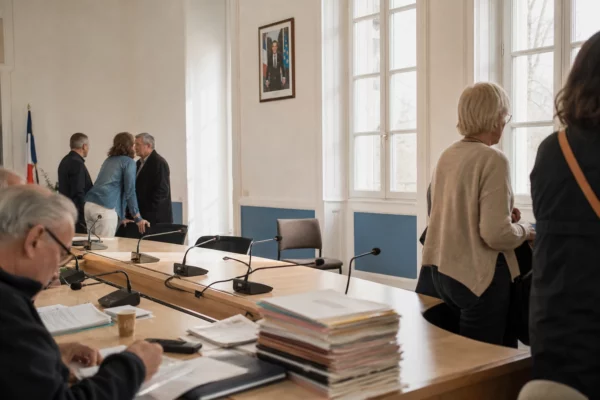 Salle municipale lumineuse en Gironde avec micros, dossiers flous et chaise vide avant un rendez-vous politique.