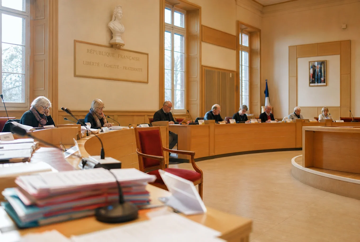 Salle municipale claire avec micros, dossiers flous et chaise vide lors d’un conseil local sur la natalité