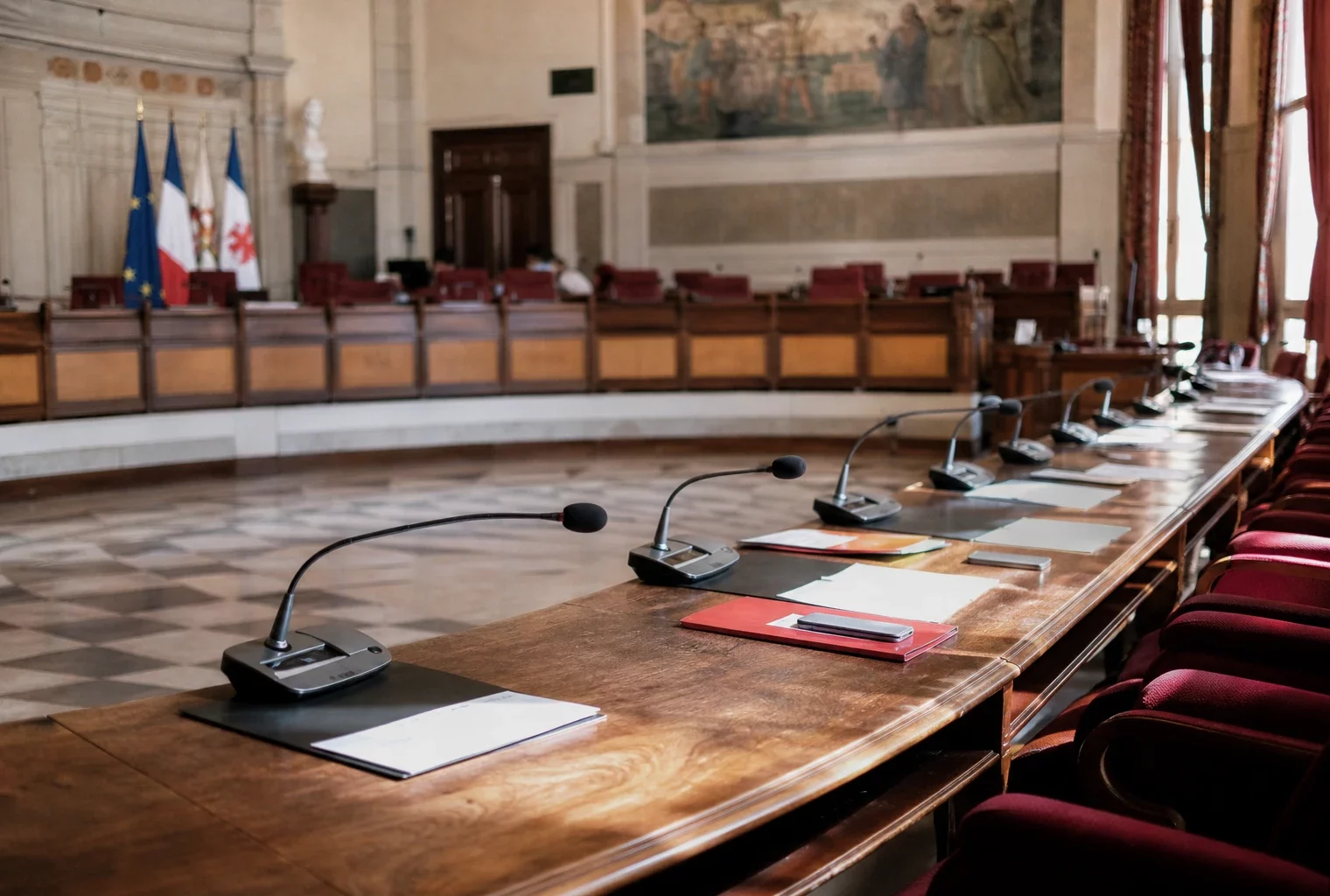 Salle municipale de Nice avec micros, dossiers ouverts et chaise vide, dans une ambiance de commémoration discrète.