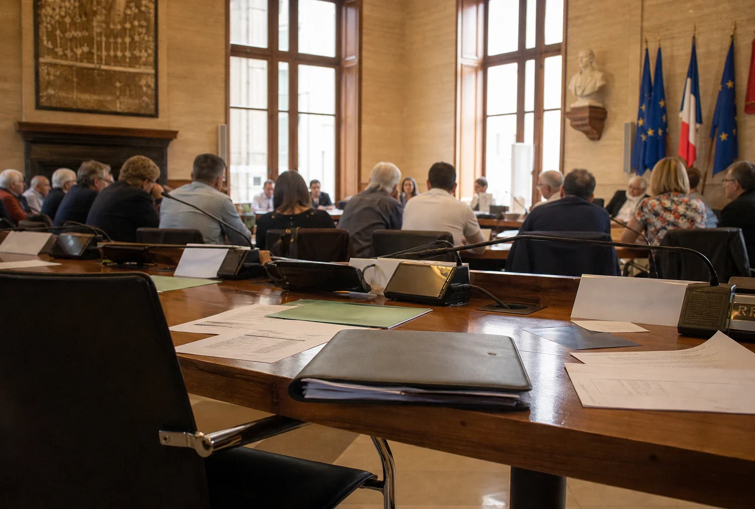 Salle municipale lumineuse avec micros, dossiers flous et chaise vide lors d’une réunion sur la sécurité civile.