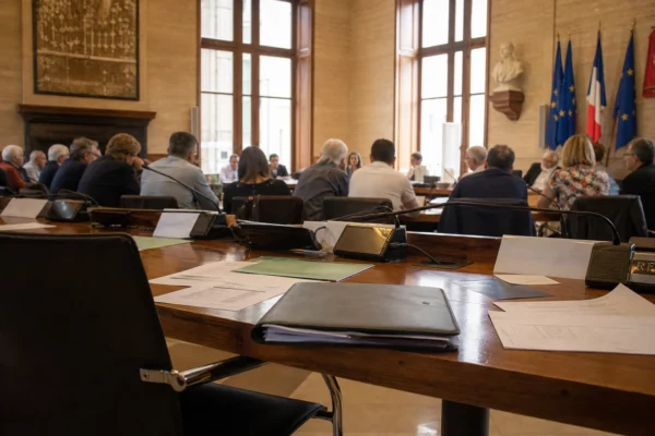 Salle municipale lumineuse avec micros, dossiers flous et chaise vide lors d’une réunion sur la sécurité civile.