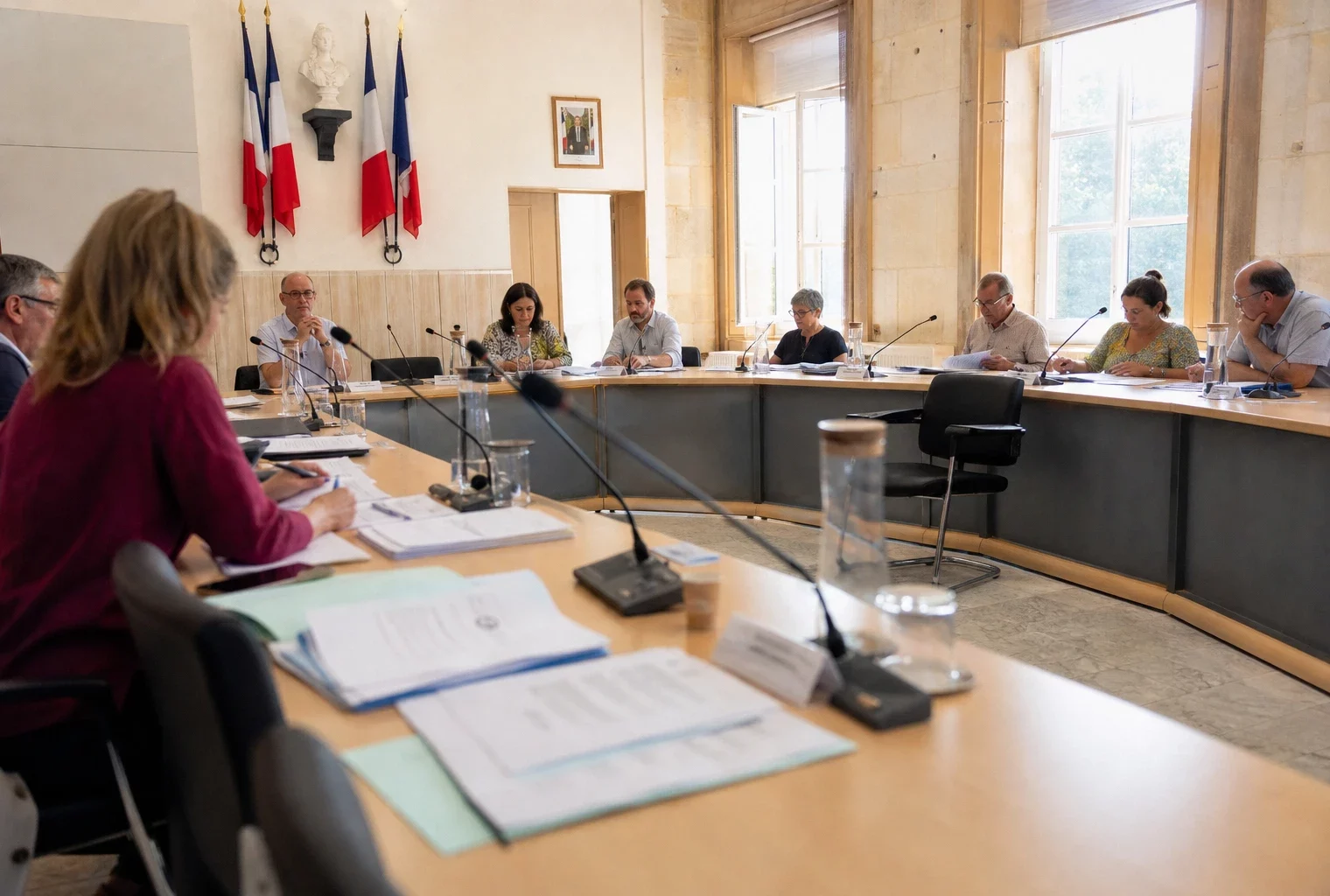 Salle municipale en réunion locale, chaise vide, micros et dossiers flous dans une ambiance de presse documentaire.