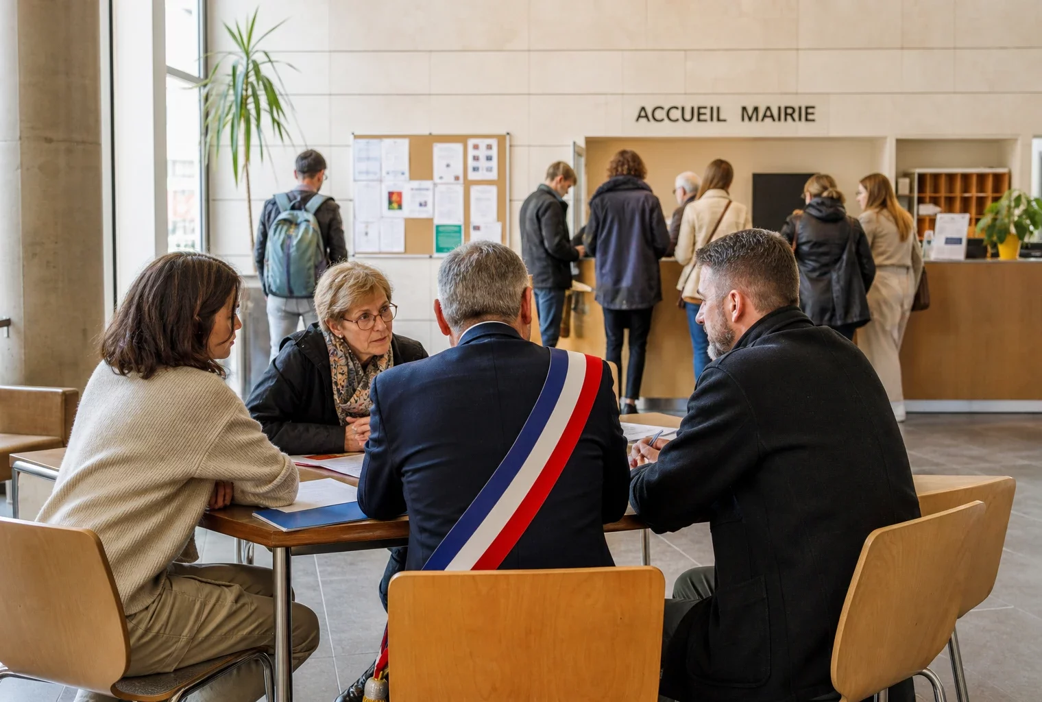 Dans une mairie française, des habitants échangent avec un élu local lors d’une réunion publique sur l’aide à Gaza.