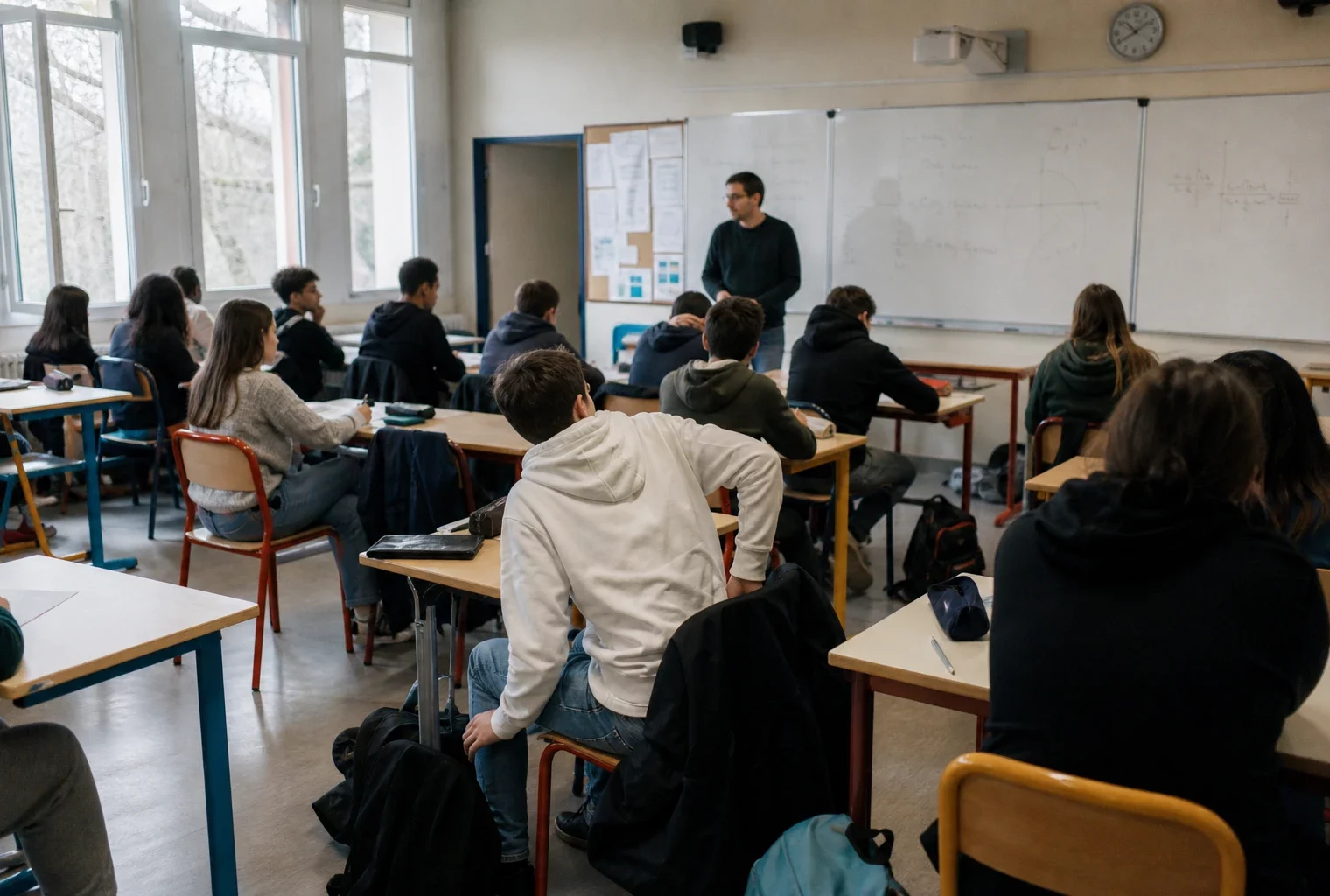 Classe française lumineuse avec élèves anonymes, professeur et tableau abstrait, ambiance scolaire calme mais tendue