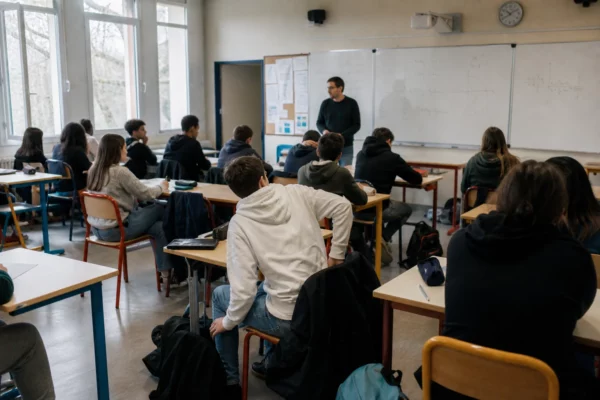 Classe française lumineuse avec élèves anonymes, professeur et tableau abstrait, ambiance scolaire calme mais tendue