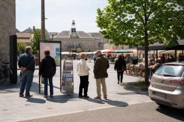 Place de ville française animée, passants anonymes près de la mairie et d’un marché de quartier.