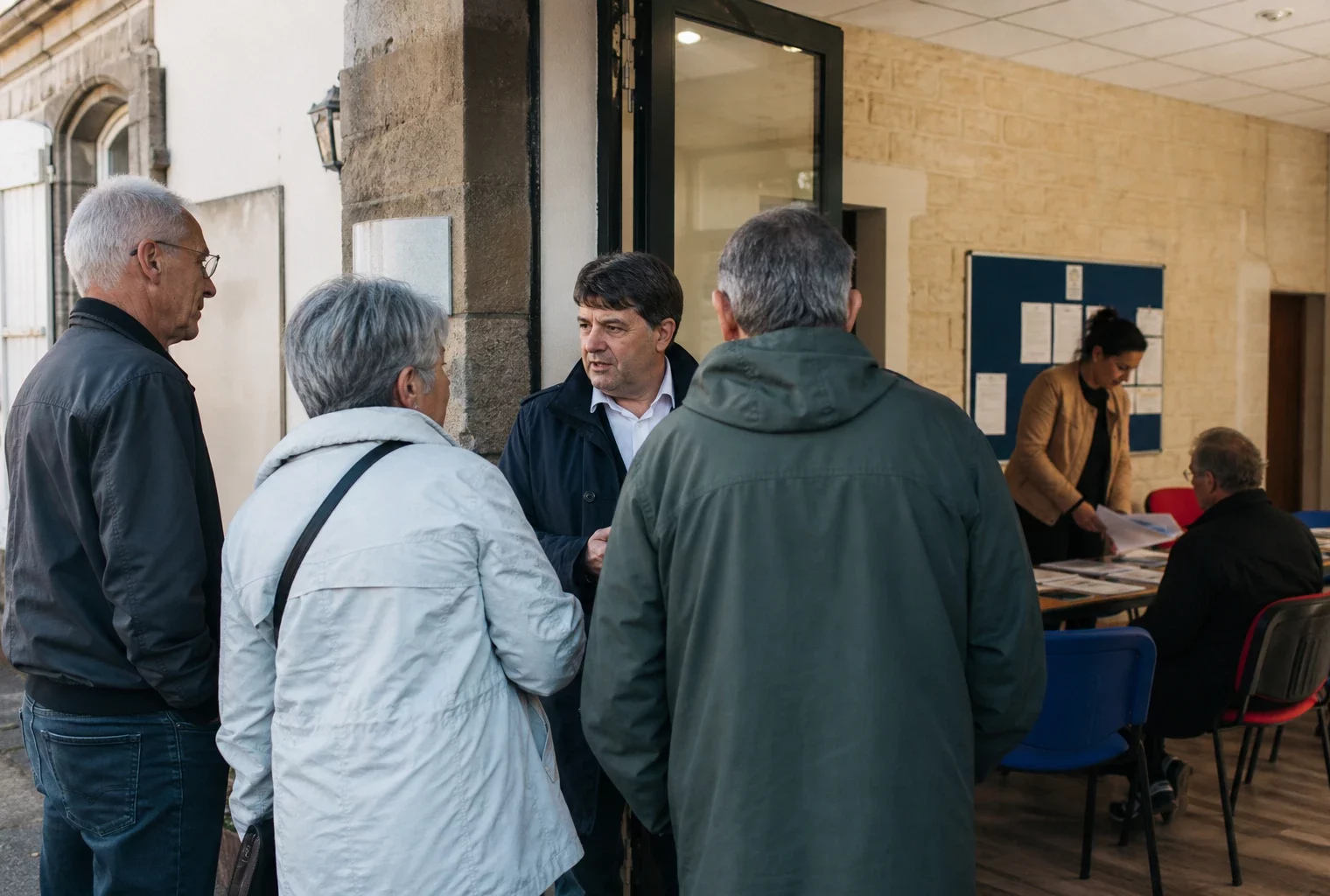 Scène de vie politique locale devant une mairie française, avec habitants anonymes et lumière du matin