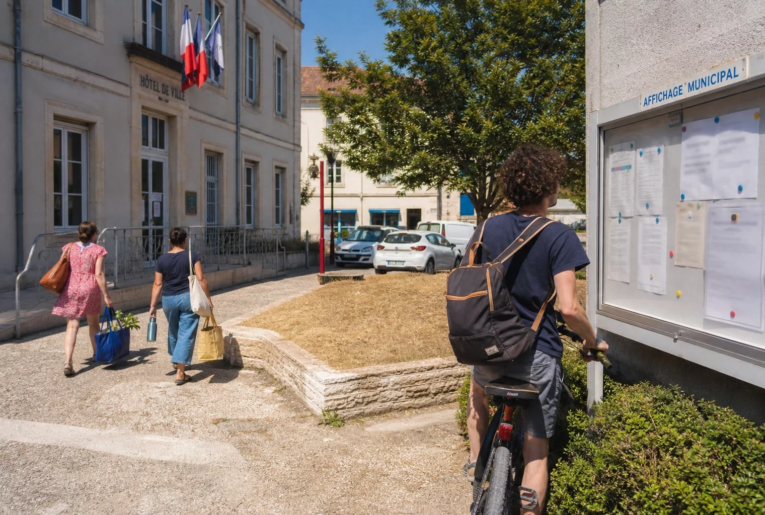 Forecourt municipal dans une ville moyenne française, avec habitants anonymes et atmosphère de restrictions d’eau.