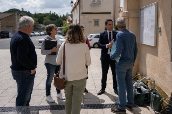 Des habitants échangent sur le parvis d’une mairie française, dans une scène de vie locale liée à la sécheresse.