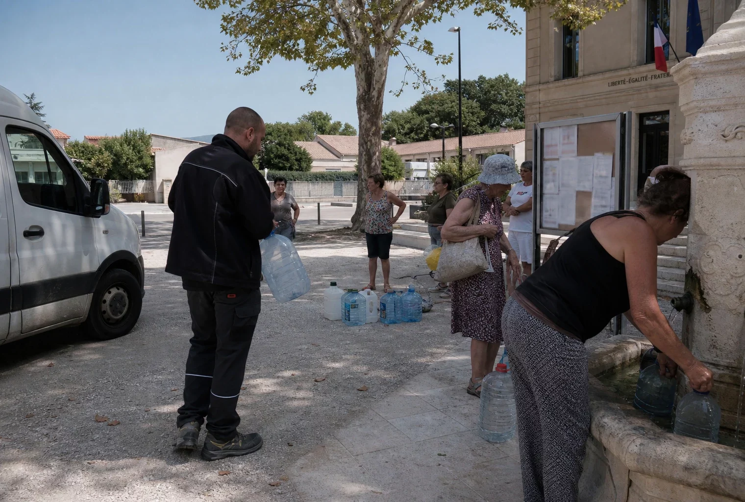 Des habitants attendent à un point d’eau municipal dans une commune française en pleine sécheresse estivale.