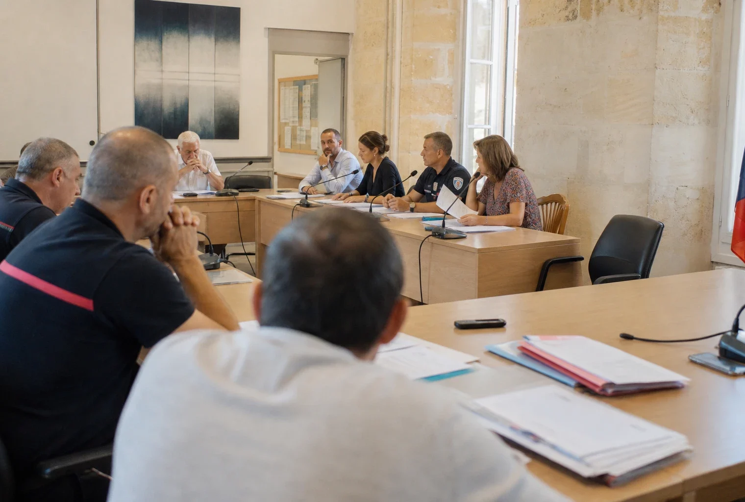 Salle municipale française avec micros, dossiers flous et chaise vide pour évoquer le débat sur la sécurité civile.