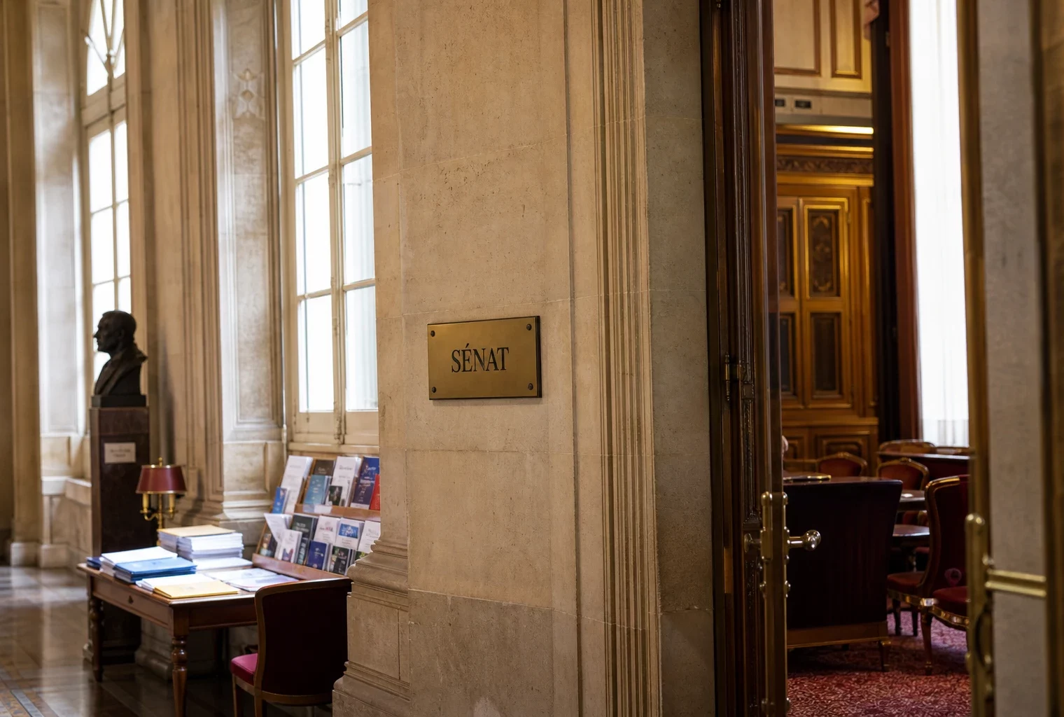 Couloir lumineux du Sénat français avec pierre claire, boiseries et plaque institutionnelle discrète