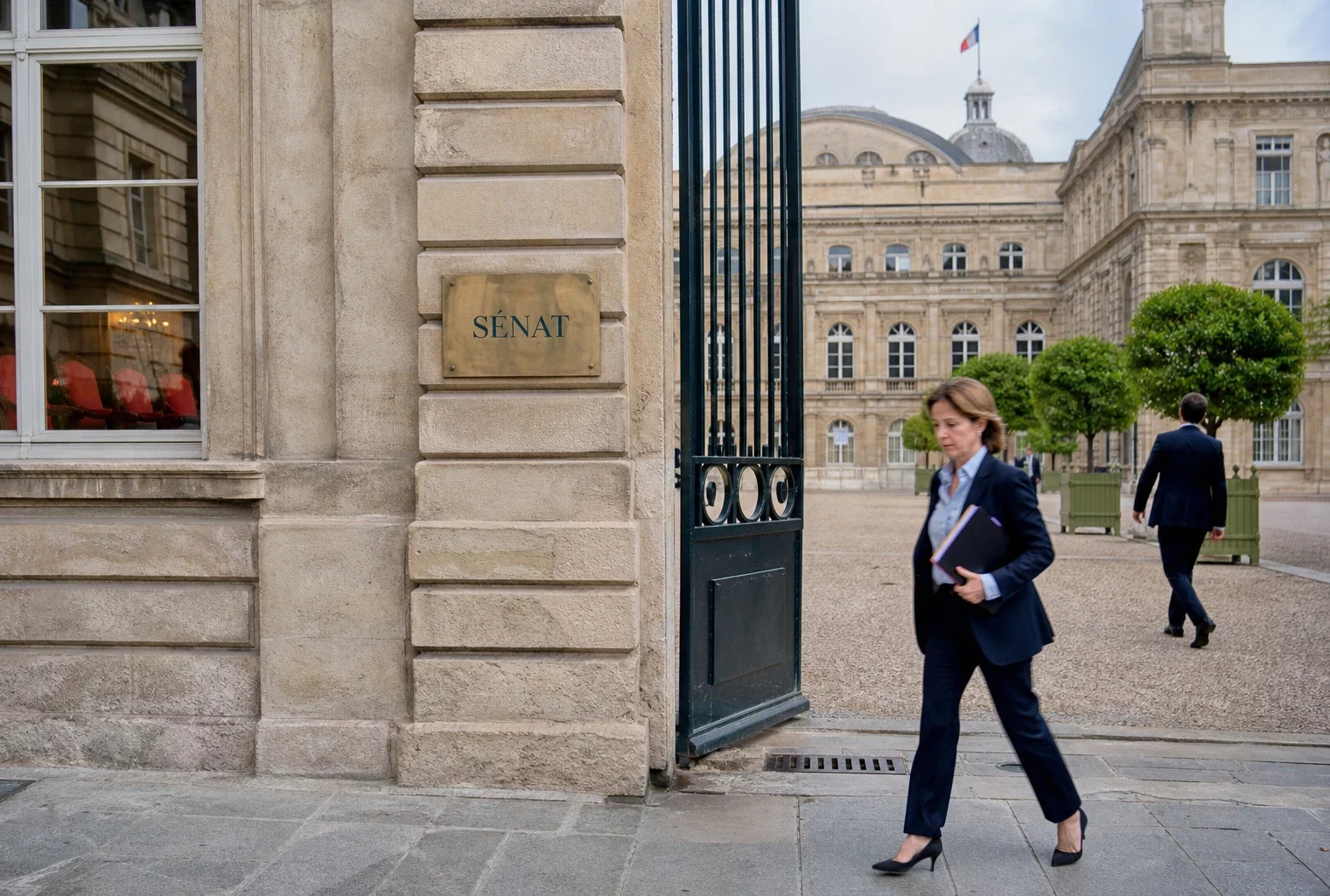 Façade du Sénat à Paris, vue oblique et claire, dans une ambiance institutionnelle calme après un vote parlementaire.