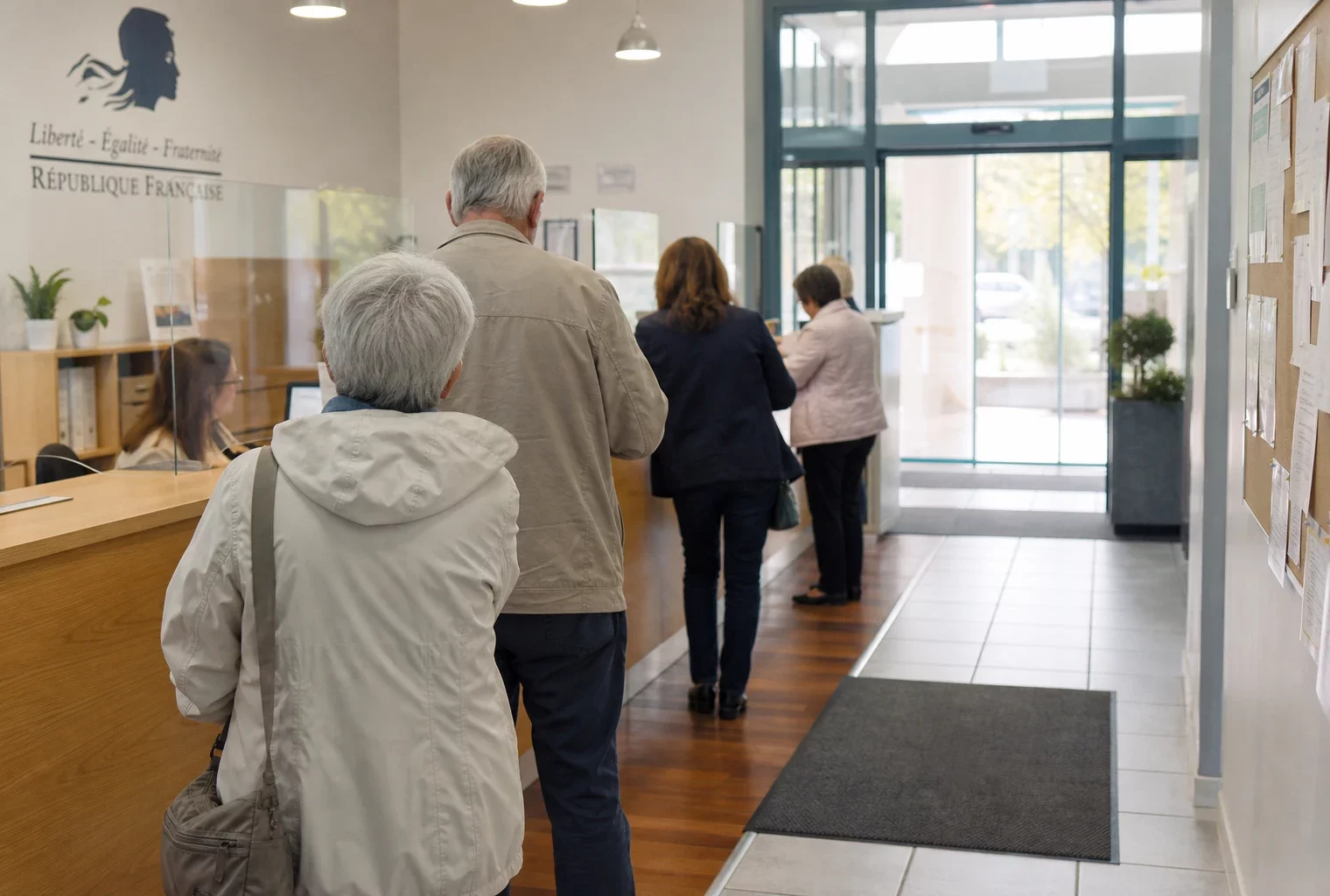 Des citoyens attendent dans un hall de mairie lumineux, scène de vie citoyenne liée à l’élection présidentielle.
