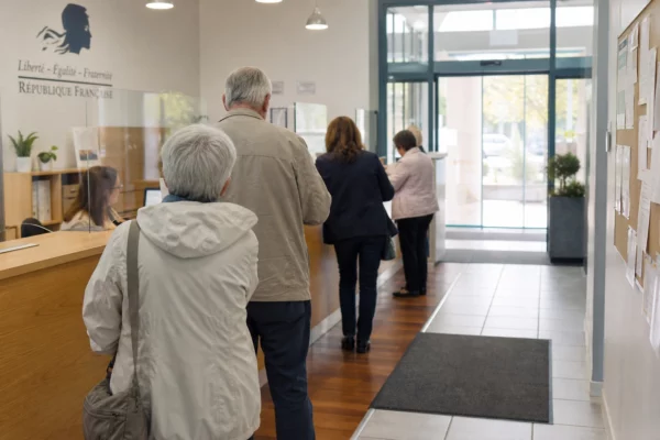 Des citoyens attendent dans un hall de mairie lumineux, scène de vie citoyenne liée à l’élection présidentielle.