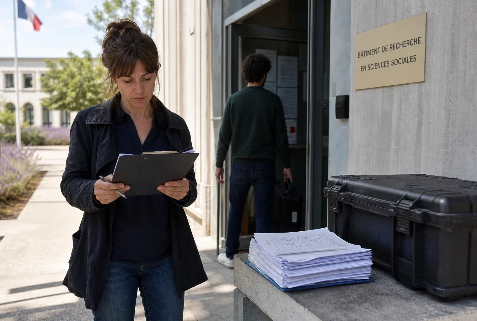 Scène de terrain devant un bâtiment institutionnel français, avec enquêteurs et documents de sondage flous.