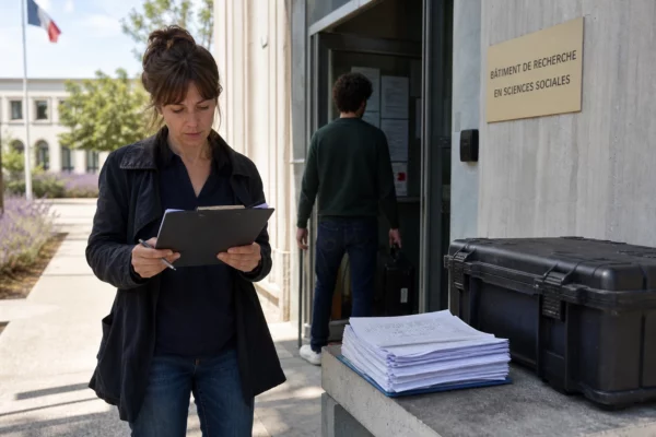 Scène de terrain devant un bâtiment institutionnel français, avec enquêteurs et documents de sondage flous.