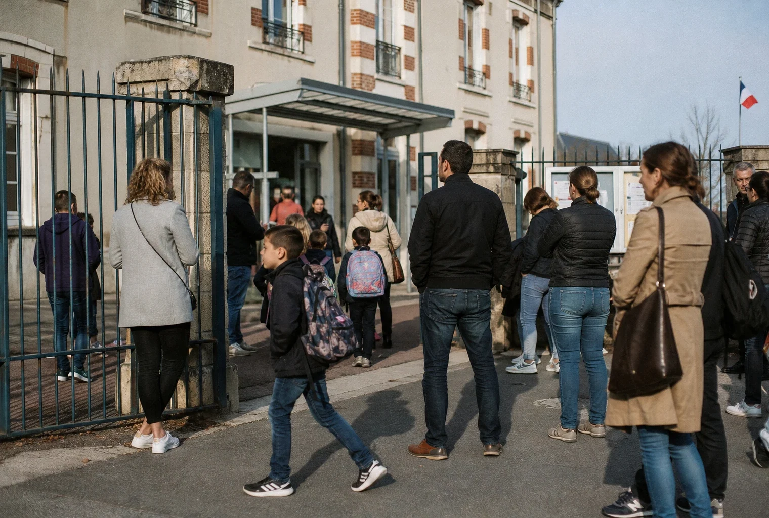 Des parents anonymes attendent à la sortie d’une école française, sous une lumière de matin claire et naturelle.
