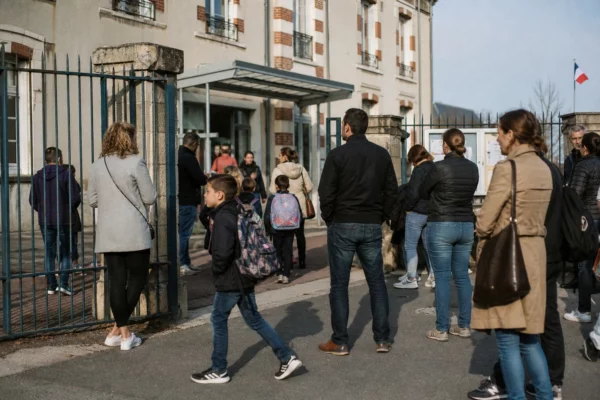 Des parents anonymes attendent à la sortie d’une école française, sous une lumière de matin claire et naturelle.