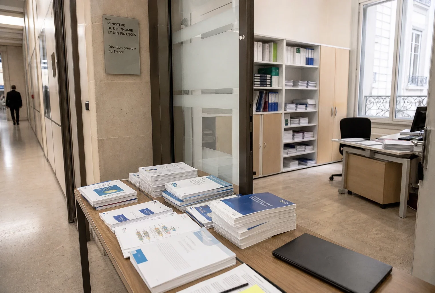 Couloir lumineux d’un ministère français avec rapports statistiques sur une table et documents flous