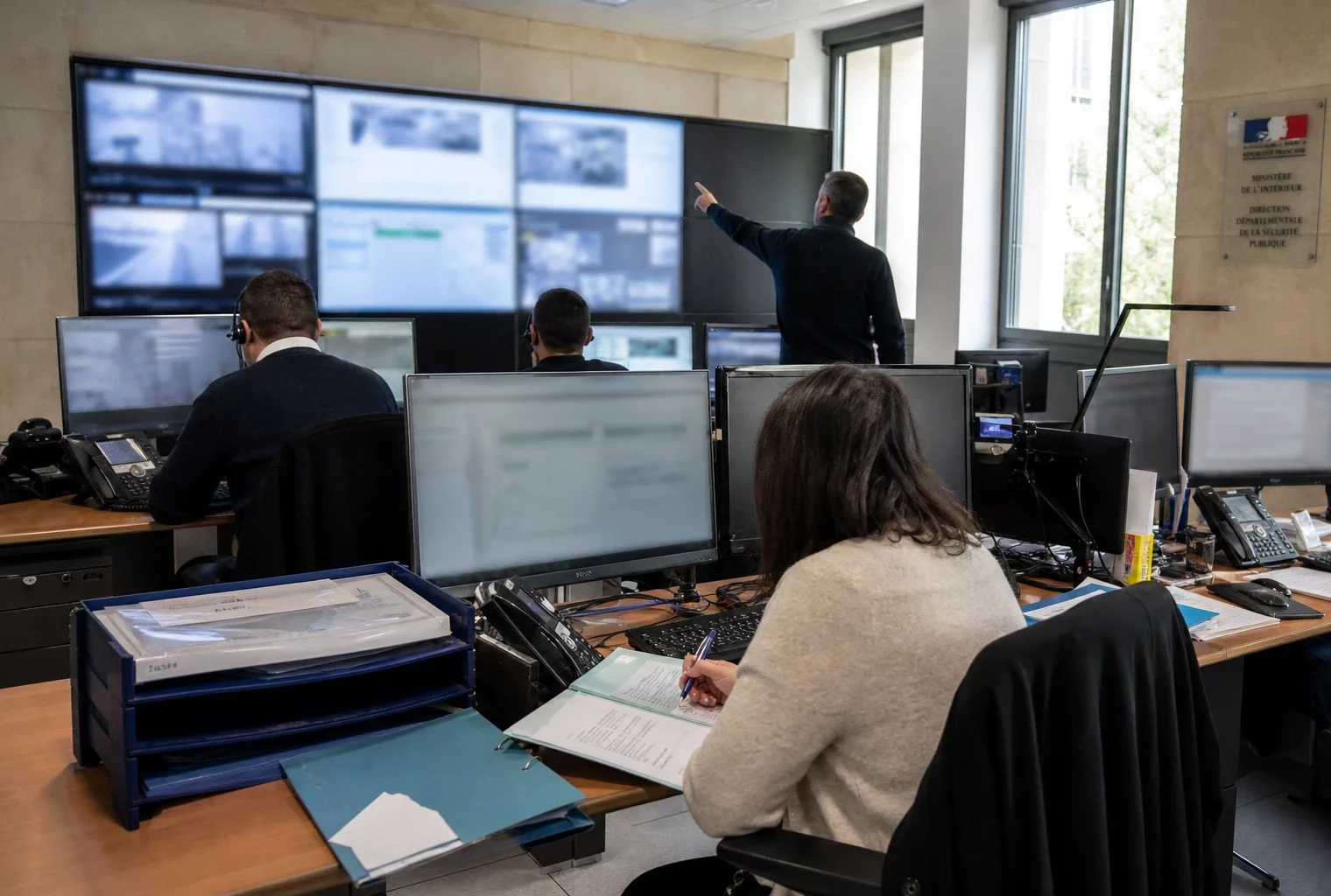 Salle de surveillance numérique dans un bâtiment public français, avec analystes anonymes devant des écrans flous.