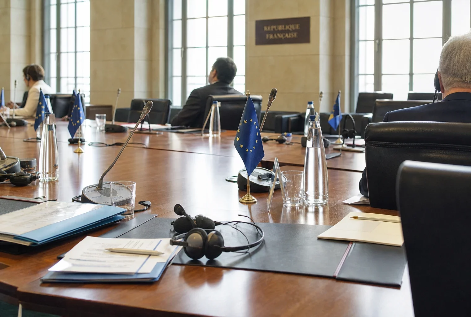 Table de négociation européenne avec dossiers, casques et drapeaux miniatures, dans une salle institutionnelle lumineuse