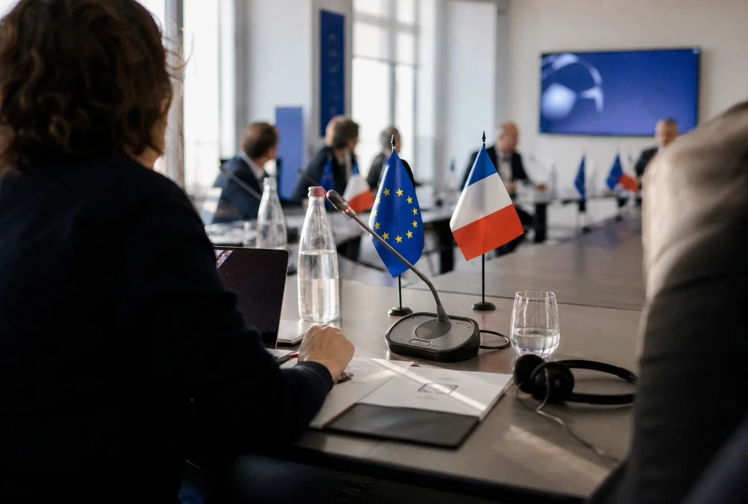 Table diplomatique européenne avec dossiers, écouteurs, verres d’eau et petits drapeaux discrets dans une salle institutionnelle.